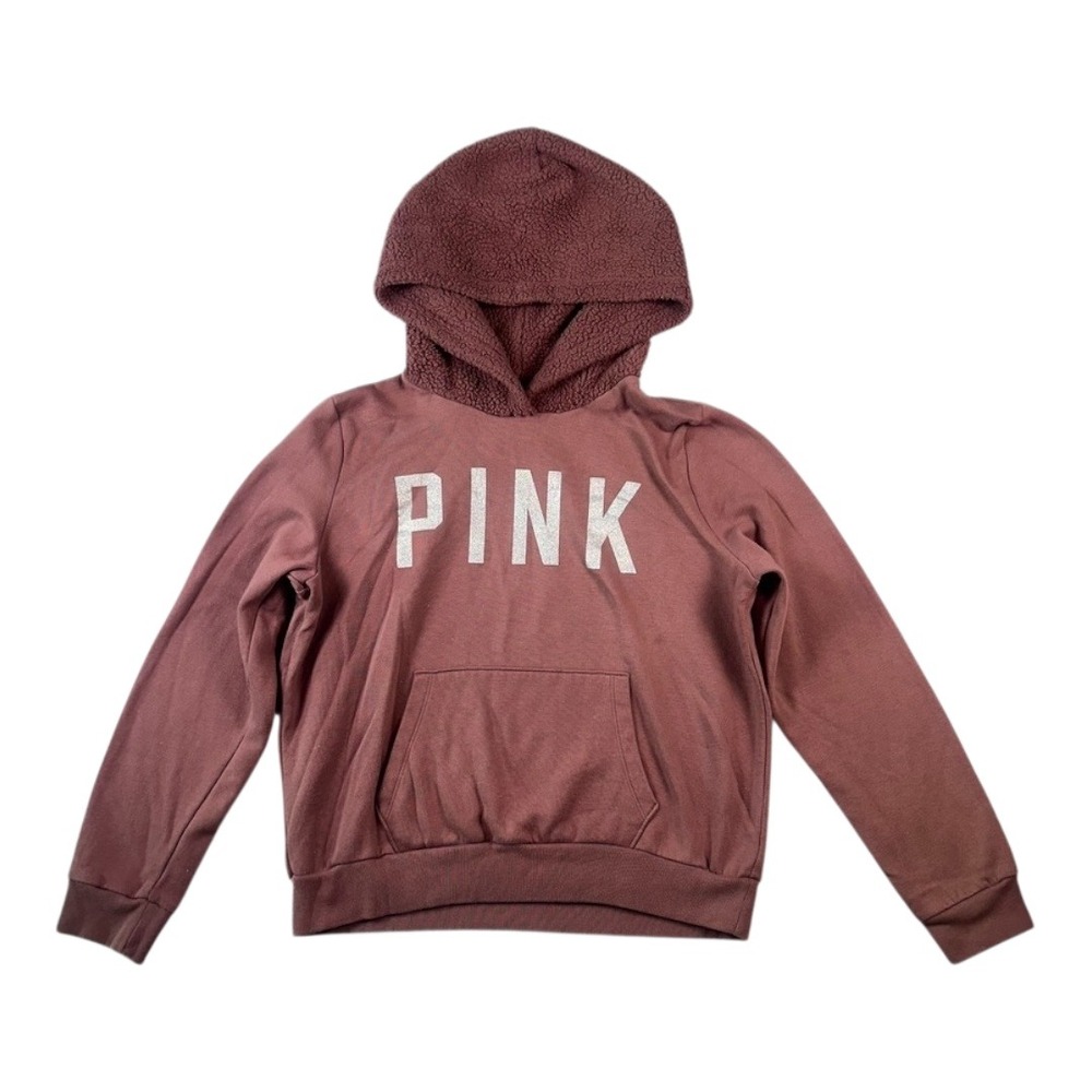 PINK Victoria's Secret Sherpa Lined Hoodies Sweatshirt Sz L Dusty Rose Pink Logo